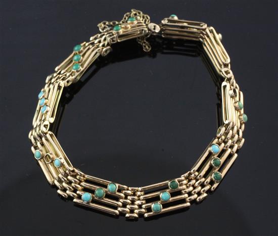 A gold and turquoise set gate link bracelet, 7in approx.